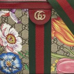 Pre Owned Gucci Red GG Supreme Canvas and Leather Floral Ophidia Square Bag