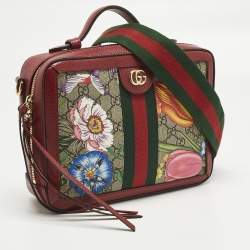 Pre Owned Gucci Red GG Supreme Canvas and Leather Floral Ophidia Square Bag