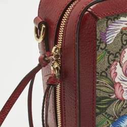 Pre Owned Gucci Red GG Supreme Canvas and Leather Floral Ophidia Square Bag