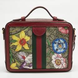 Pre Owned Gucci Red GG Supreme Canvas and Leather Floral Ophidia Square Bag