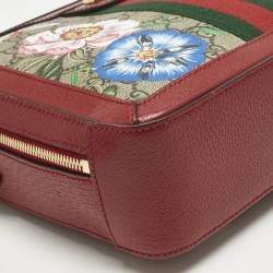 Pre Owned Gucci Red GG Supreme Canvas and Leather Floral Ophidia Square Bag