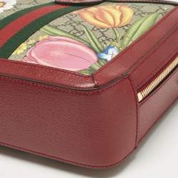 Pre Owned Gucci Red GG Supreme Canvas and Leather Floral Ophidia Square Bag