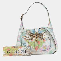 Pre Owned Gucci White Yuko Higuchi Small Calfskin  Floral Print Jackie 1961