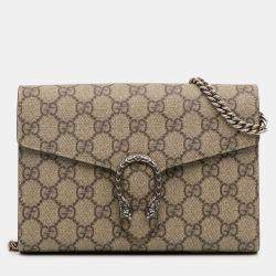 Pre Owned Gucci Beige Brown GG Supreme Dionysus Chain Wallet
