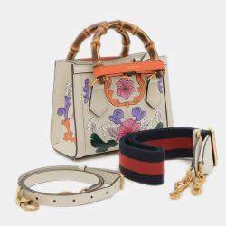 Pre Owned Gucci Ivory Floral Leather Diana Bamboo Mini Shoulder Bag
