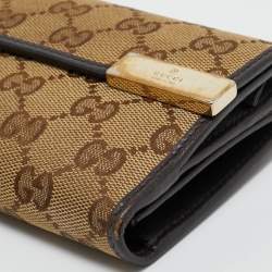 Pre Owned Gucci Beige/Brown GG Canvas and Leather Metal Flap Continental Wallet