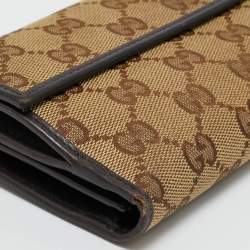 Pre Owned Gucci Beige/Brown GG Canvas and Leather Metal Flap Continental Wallet