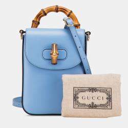 Pre Owned Gucci Blue Mini Calfskin Bamboo Top Handle Bag