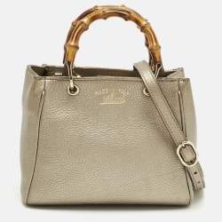 Pre Owned Gucci Metallic Gold Leather Mini Bamboo Tote