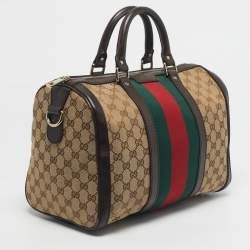 Pre Owned Gucci Beige/Brown GG Canvas and Leather Medium Vintage Web Boston Bag