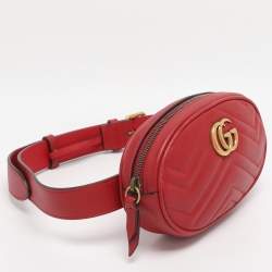 Pre Owned Gucci Red Matelassé Leather GG Marmont Belt Bag