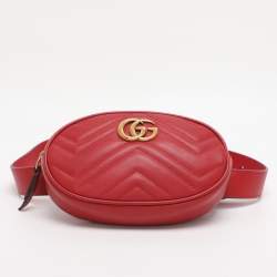 Pre Owned Gucci Red Matelassé Leather GG Marmont Belt Bag