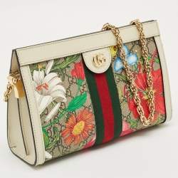 Pre Owned Gucci White/Multicolor GG Supreme Canvas Flora Ophidia Small Chain Shoulder Bag