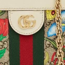 Pre Owned Gucci White/Multicolor GG Supreme Canvas Flora Ophidia Small Chain Shoulder Bag