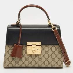 Pre Owned Gucci Tricolor GG Supreme Canvas and Leather Small Padlock Top Handle Bag