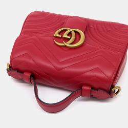 Pre Owned Gucci Red Leather Marmont Mini Top Handle Shoulder Bag
