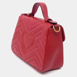 Pre Owned Gucci Red Leather Marmont Mini Top Handle Shoulder Bag