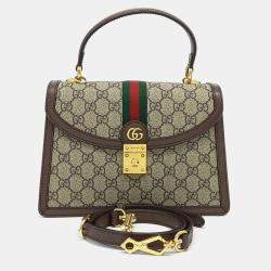 Pre Owned Gucci Beige Brown Canvas and Leather Ophidia Top Handle Bag