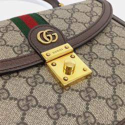Pre Owned Gucci Beige Brown Canvas and Leather Ophidia Top Handle Bag