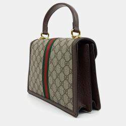 Pre Owned Gucci Beige Brown Canvas and Leather Ophidia Top Handle Bag