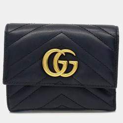 Pre Owned Gucci Black Leather Marmont Chevron Medium Wallet
