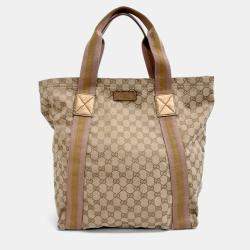 Pre Owned Gucci Beige Canvas Jacquard Tricolor Tote Bag