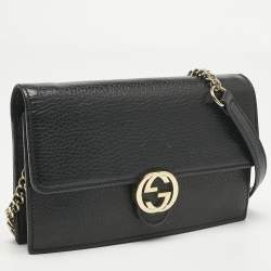 Pre Owned Gucci Black Leather Interlocking G Dollar Chain Wallet