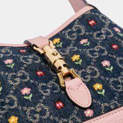 Pre Owned Gucci Beige Blue Limited Edition Mini GG Denim Embroidered Floral Jackie 1961 Crossbody