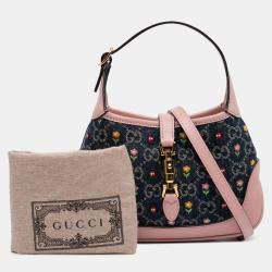 Pre Owned Gucci Beige Blue Limited Edition Mini GG Denim Embroidered Floral Jackie 1961 Crossbody