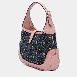 Pre Owned Gucci Beige Blue Limited Edition Mini GG Denim Embroidered Floral Jackie 1961 Crossbody