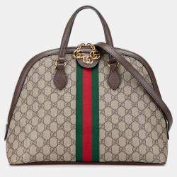 Pre Owned Gucci Beige Brown Medium GG Supreme Ophidia Web Satchel