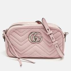 Pre Owned Gucci Pink Snakeskin Small GG Marmont Camera Bag