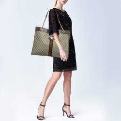 Pre Owned Gucci Brown/Beige GG Supreme Canvas Large Web Rajah Tote