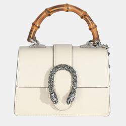 Pre Owned Gucci Mystic White Textured Calfskin Crystal Bamboo Web Mini Dionysus Top Handle