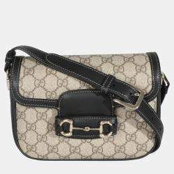 Pre Owned Gucci Black Beige GG Supreme Monogram Mini Horsebit 1955 Shoulder Bag