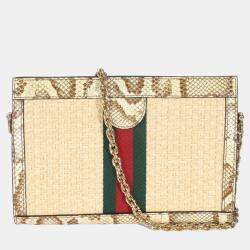 مملوكة مسبقًا حقيبة كتف غوتشي أوفيديا سلسلة GG إيلافيا كريمة بنية صغيرة رافيا