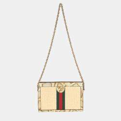 مملوكة مسبقًا حقيبة كتف غوتشي أوفيديا سلسلة GG إيلافيا كريمة بنية صغيرة رافيا