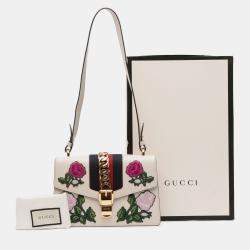 Pre Owned Gucci White Small Floral Embroidered Leather Sylvie Satchel