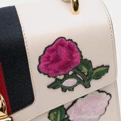 Pre Owned Gucci White Small Floral Embroidered Leather Sylvie Satchel