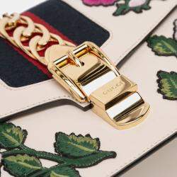 Pre Owned Gucci White Small Floral Embroidered Leather Sylvie Satchel