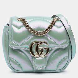 Pre Owned Gucci Green Mini GG Marmont Matelasse Iridescent Leather Flap Crossbody