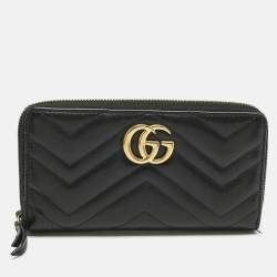Pre Owned Gucci Black Matelassé Leather GG Marmont Continental Wallet