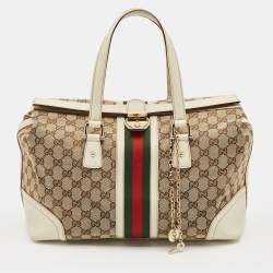 Pre Owned Gucci White GG Canvas and Leather Large Web Treasure Boston Bag