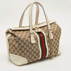 Pre Owned Gucci White GG Canvas and Leather Large Web Treasure Boston Bag