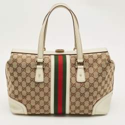 Pre Owned Gucci White GG Canvas and Leather Large Web Treasure Boston Bag
