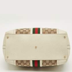 Pre Owned Gucci White GG Canvas and Leather Large Web Treasure Boston Bag