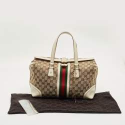 Pre Owned Gucci White GG Canvas and Leather Large Web Treasure Boston Bag