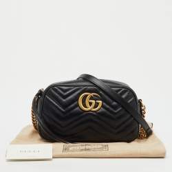 Pre Owned Gucci Black Matelassé Leather Small GG Marmont Camera Bag