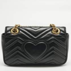 Pre Owned Gucci Black Matelassé Leather Mini GG Marmont Shoulder Bag