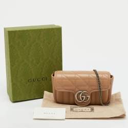 Pre Owned Gucci Beige Matelassé Leather Super Mini GG Marmont Shoulder Bag